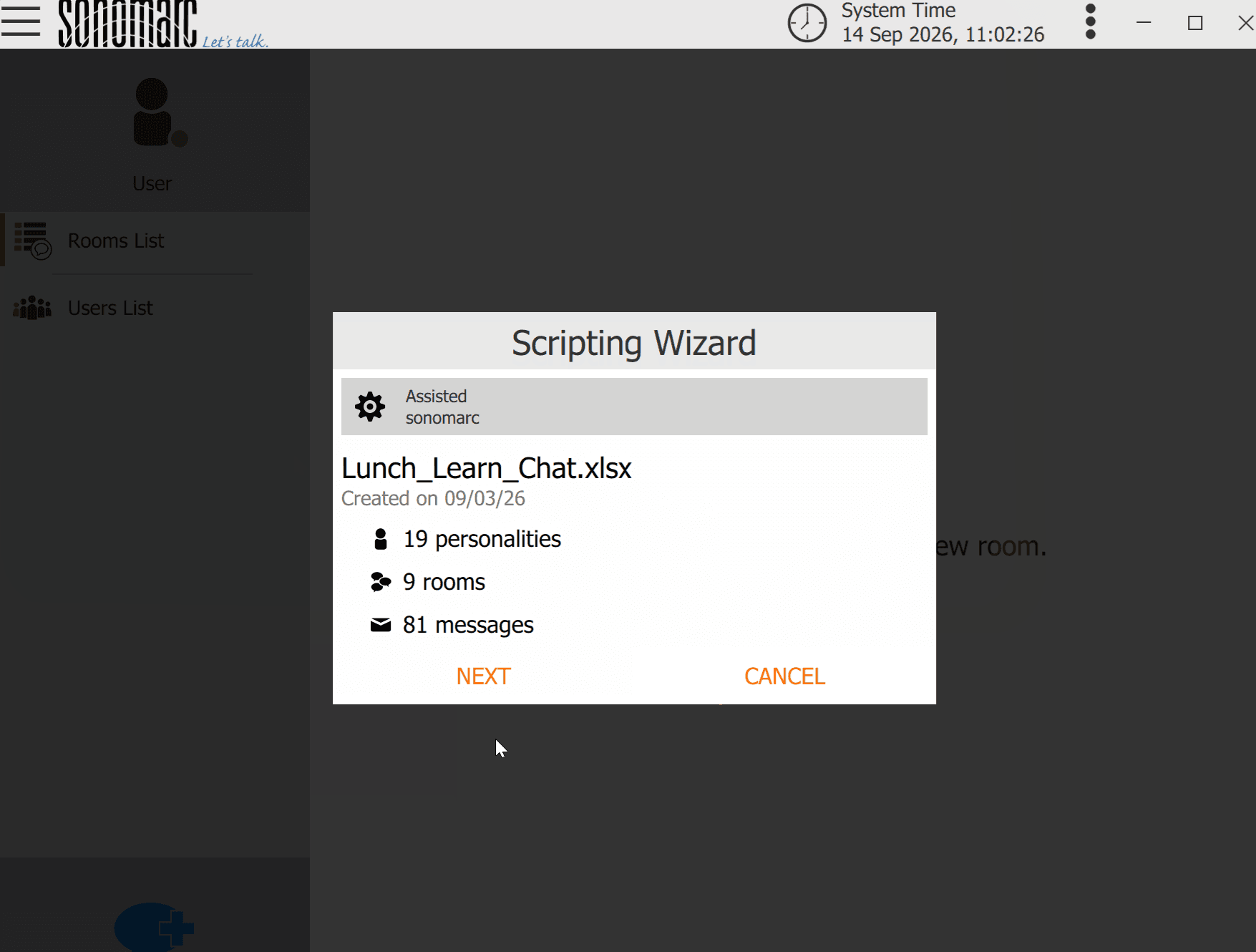 sonomarc Chat Scripting Wizard loading a chat script with 19 personalities, 9 rooms, and 81 messages.