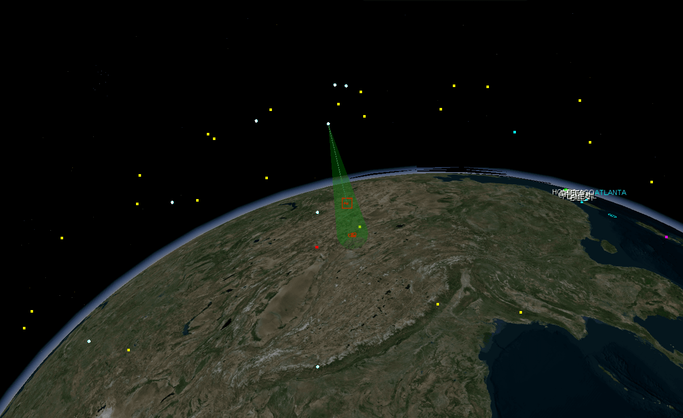 ASCOT 7 view of a space-based sensor beam projected onto terrain, with surrounding satellites shown above the Earth.