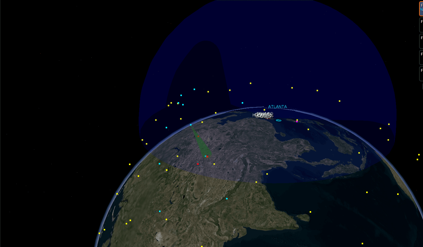 ASCOT 7 constellation coverage overlay shown as a translucent dome over the Earth, with constellation satellites marked around the globe.
